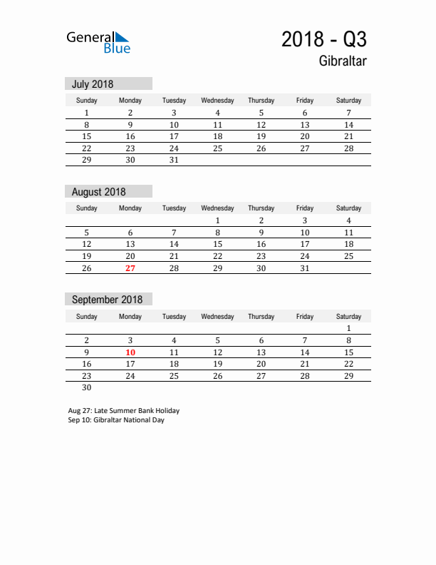 Gibraltar Quarter 3 2018 Calendar with Holidays