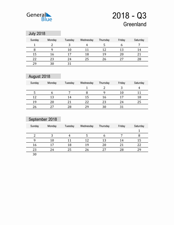 Greenland Quarter 3 2018 Calendar with Holidays