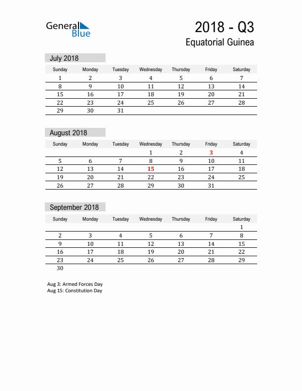 Equatorial Guinea Quarter 3 2018 Calendar with Holidays