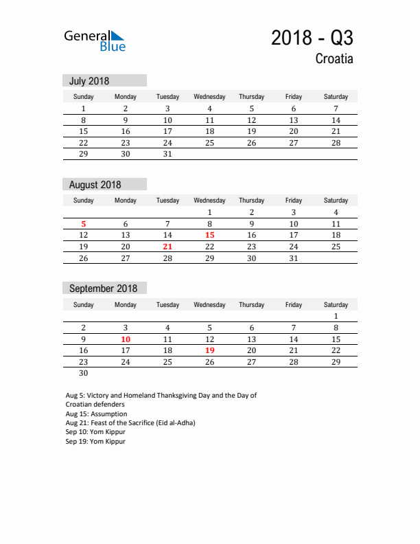 Croatia Quarter 3 2018 Calendar with Holidays