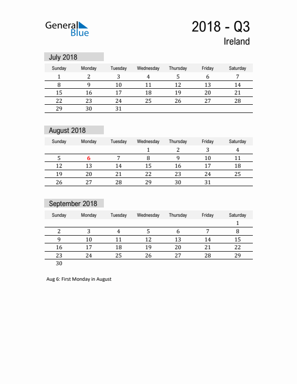 Ireland Quarter 3 2018 Calendar with Holidays