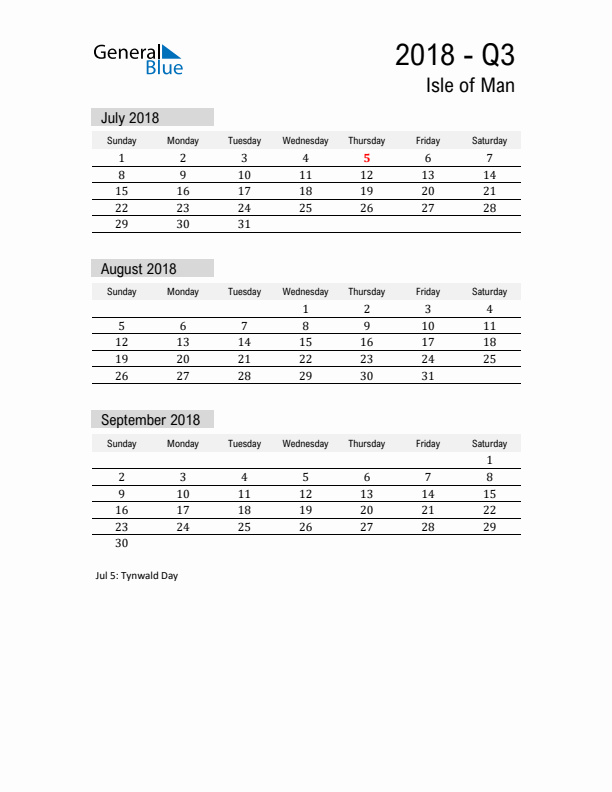 Isle of Man Quarter 3 2018 Calendar with Holidays