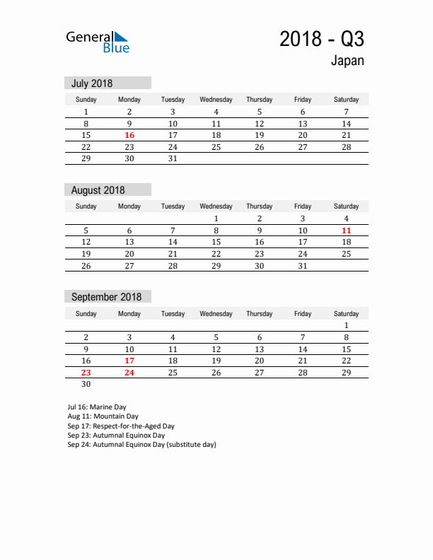 Japan Quarter 3 2018 Calendar with Holidays