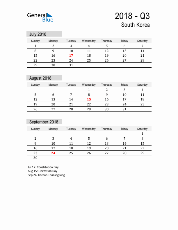 South Korea Quarter 3 2018 Calendar with Holidays