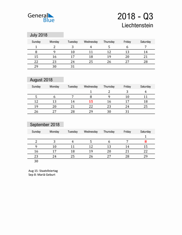 Liechtenstein Quarter 3 2018 Calendar with Holidays