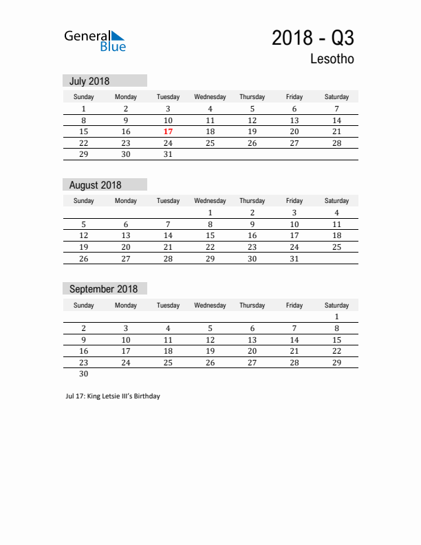 Lesotho Quarter 3 2018 Calendar with Holidays