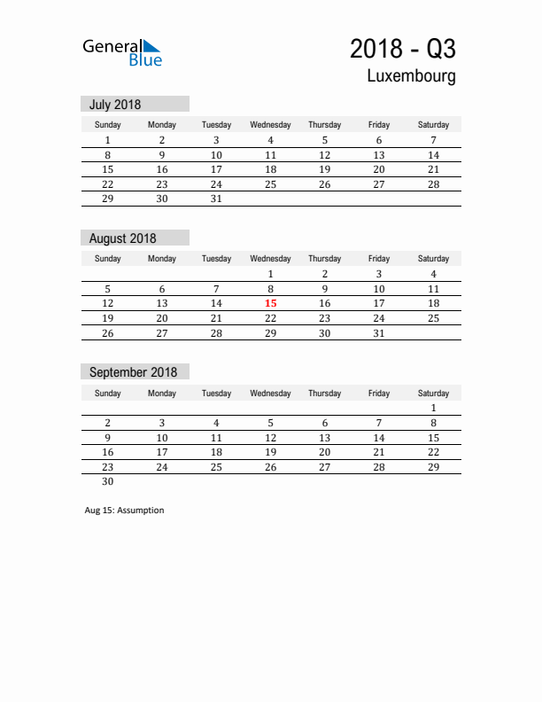 Luxembourg Quarter 3 2018 Calendar with Holidays