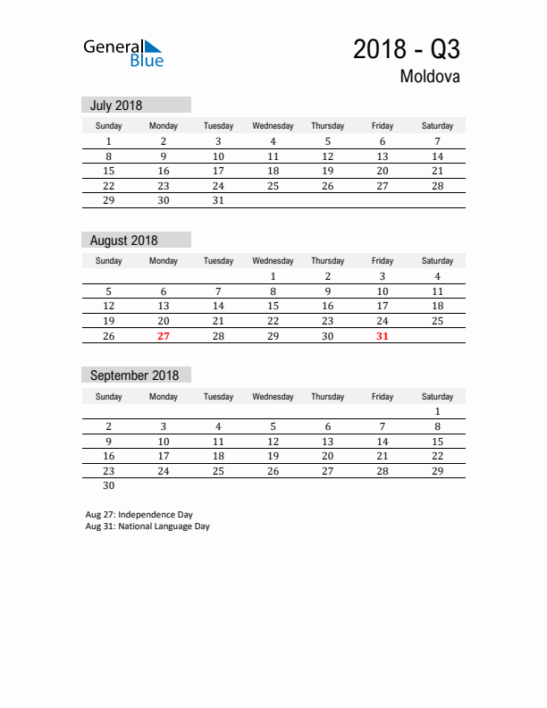 Moldova Quarter 3 2018 Calendar with Holidays