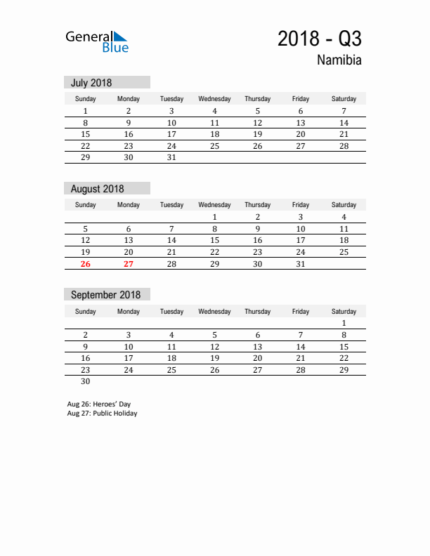 Namibia Quarter 3 2018 Calendar with Holidays