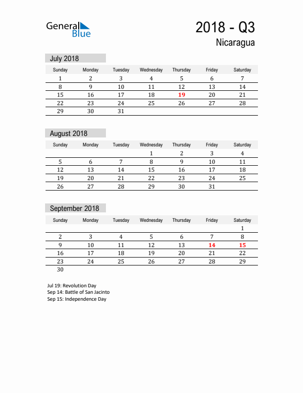 Nicaragua Quarter 3 2018 Calendar with Holidays