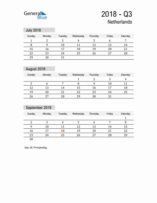 The Netherlands Quarter 3 2018 Calendar with Holidays