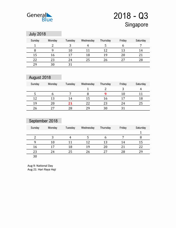 Singapore Quarter 3 2018 Calendar with Holidays