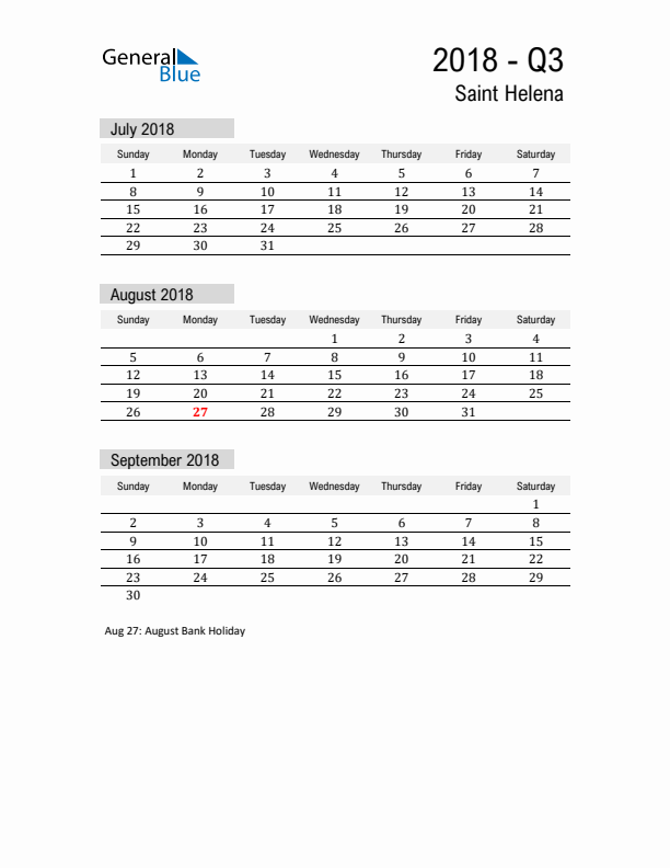 Saint Helena Quarter 3 2018 Calendar with Holidays