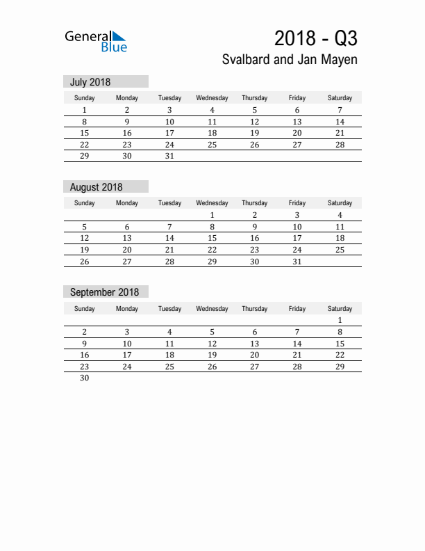 Svalbard and Jan Mayen Quarter 3 2018 Calendar with Holidays