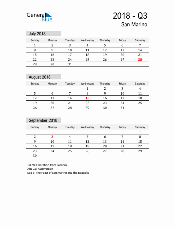 San Marino Quarter 3 2018 Calendar with Holidays