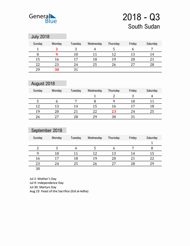 South Sudan Quarter 3 2018 Calendar with Holidays