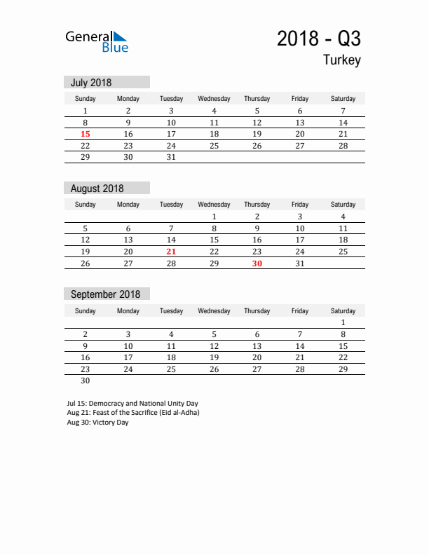 Turkey Quarter 3 2018 Calendar with Holidays