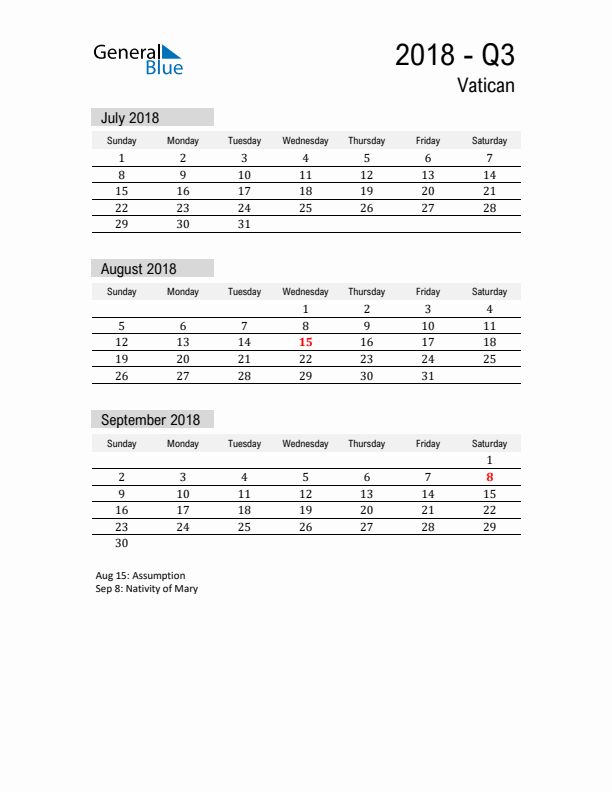 Vatican Quarter 3 2018 Calendar with Holidays