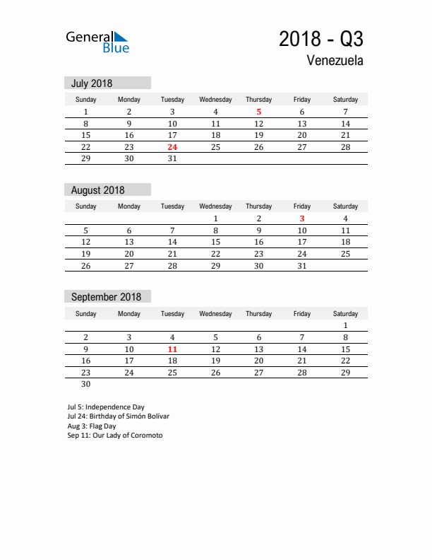 Venezuela Quarter 3 2018 Calendar with Holidays