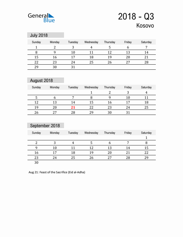 Kosovo Quarter 3 2018 Calendar with Holidays