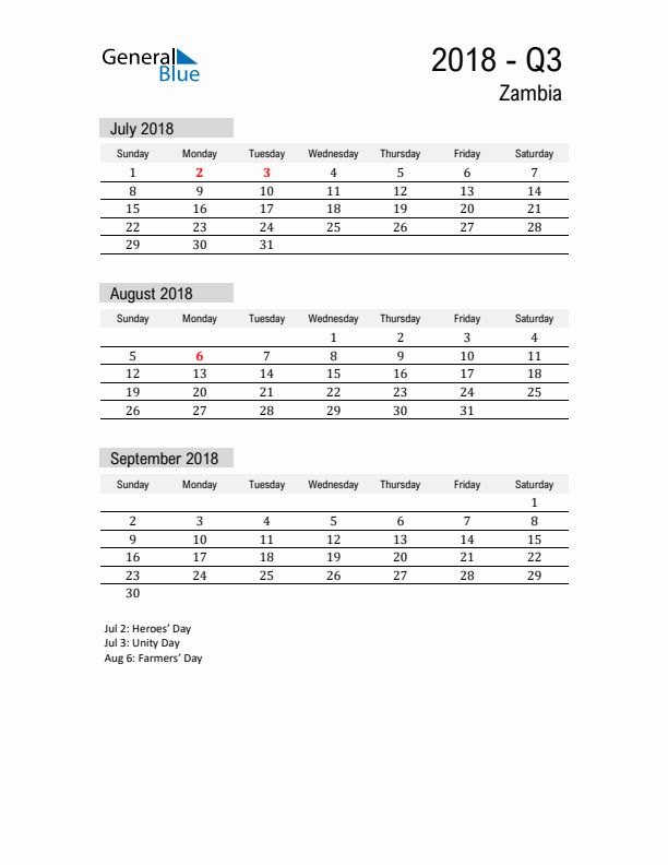 Zambia Quarter 3 2018 Calendar with Holidays