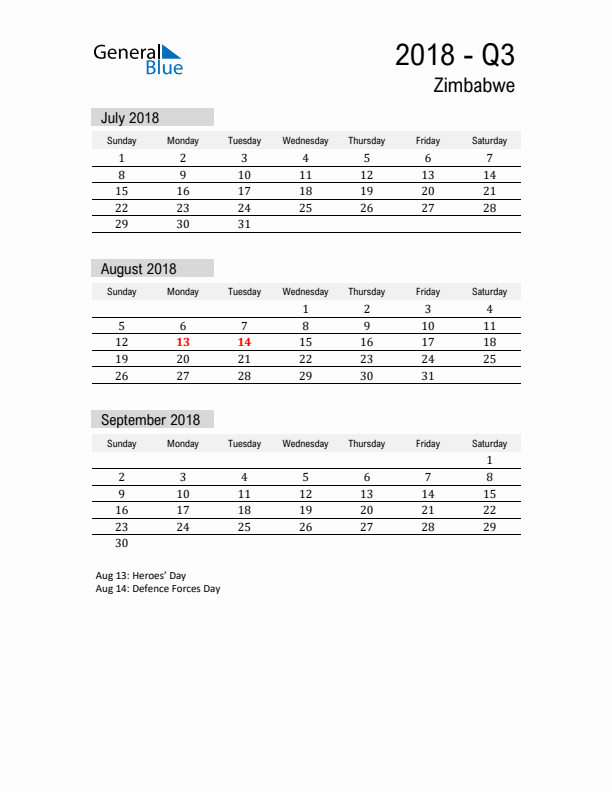 Zimbabwe Quarter 3 2018 Calendar with Holidays