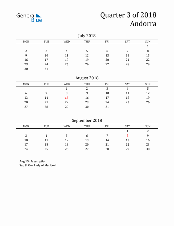 Quarter 3 2018 Andorra Quarterly Calendar