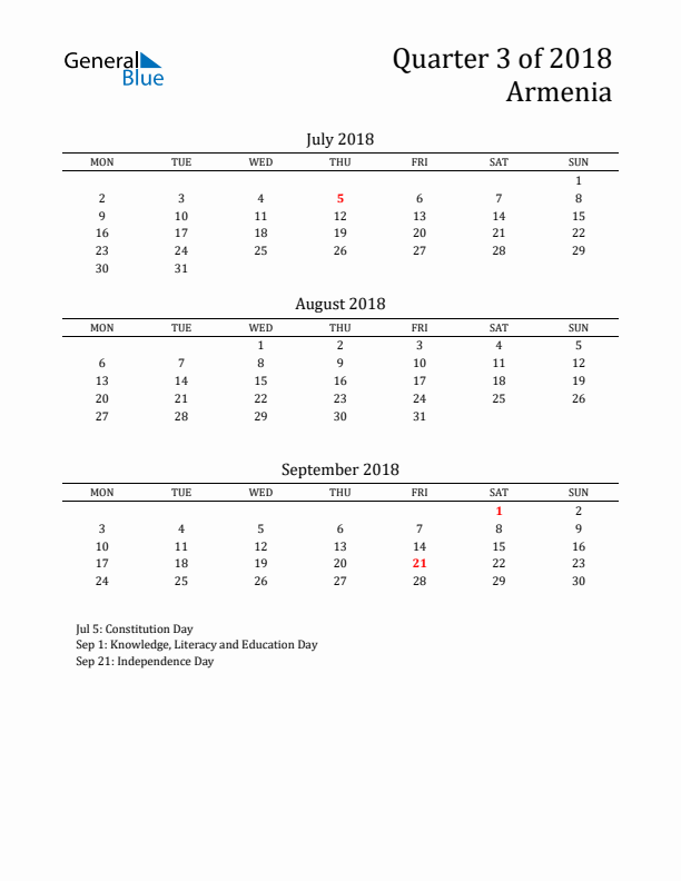 Quarter 3 2018 Armenia Quarterly Calendar