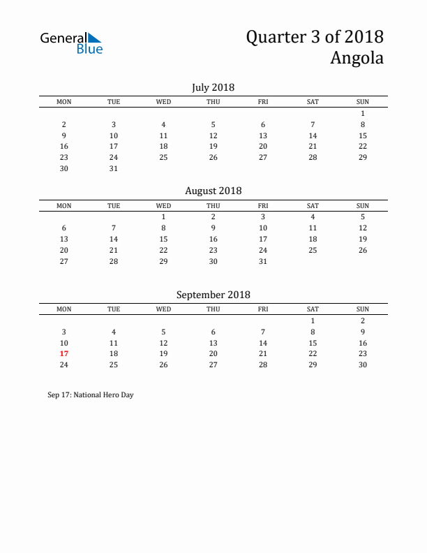 Quarter 3 2018 Angola Quarterly Calendar