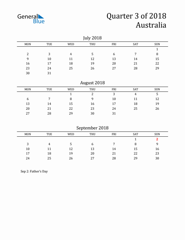 Quarter 3 2018 Australia Quarterly Calendar