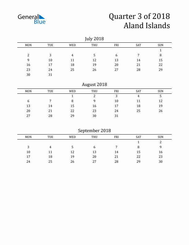 Quarter 3 2018 Aland Islands Quarterly Calendar