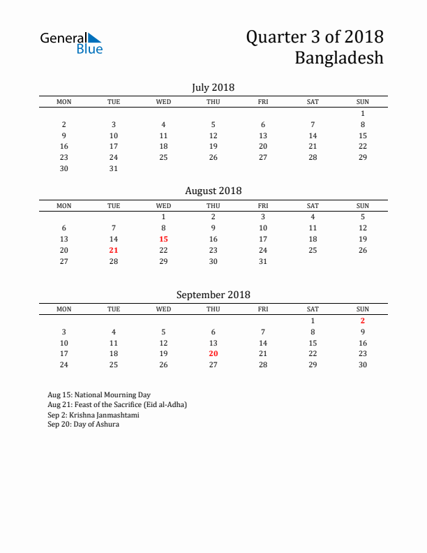 Quarter 3 2018 Bangladesh Quarterly Calendar