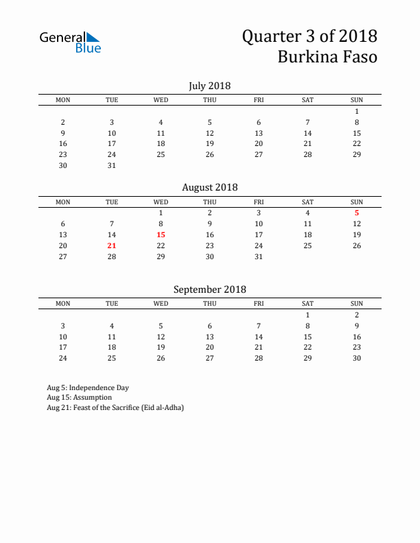 Quarter 3 2018 Burkina Faso Quarterly Calendar