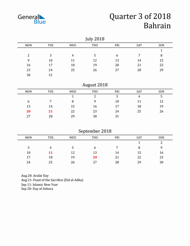 Quarter 3 2018 Bahrain Quarterly Calendar