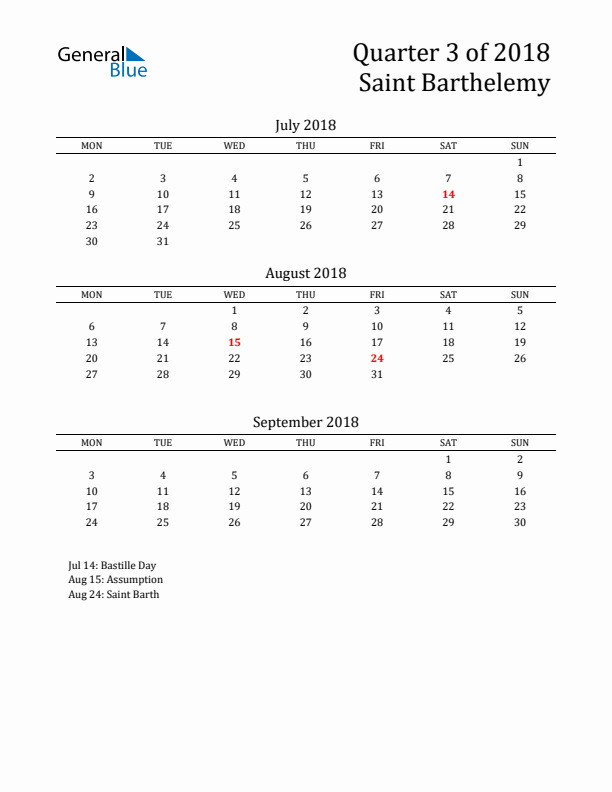 Quarter 3 2018 Saint Barthelemy Quarterly Calendar