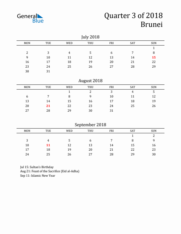 Quarter 3 2018 Brunei Quarterly Calendar