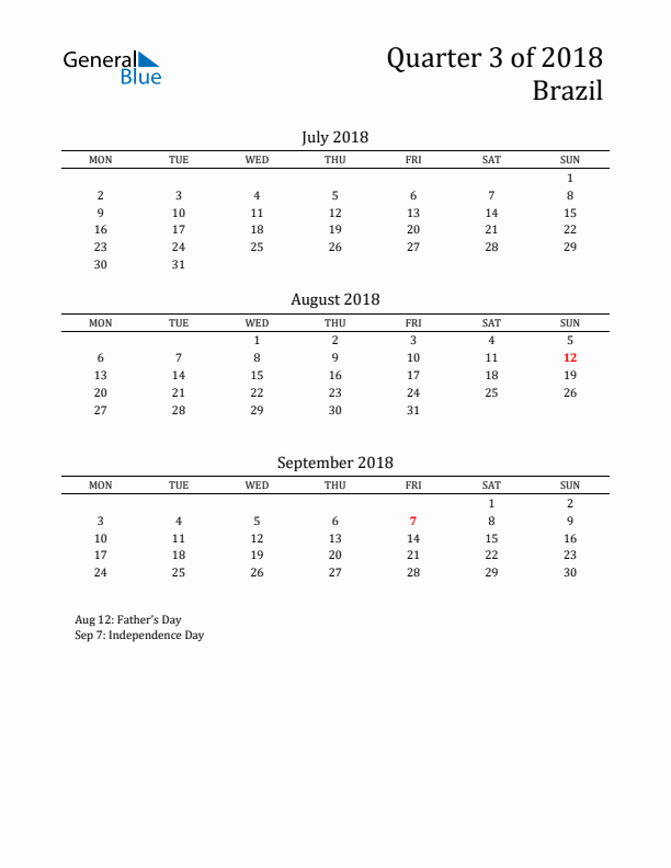 Quarter 3 2018 Brazil Quarterly Calendar