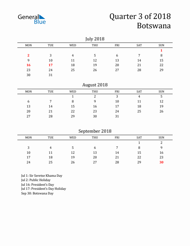 Quarter 3 2018 Botswana Quarterly Calendar