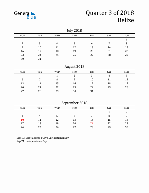 Quarter 3 2018 Belize Quarterly Calendar