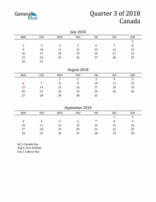 Quarter 3 2018 Canada Quarterly Calendar