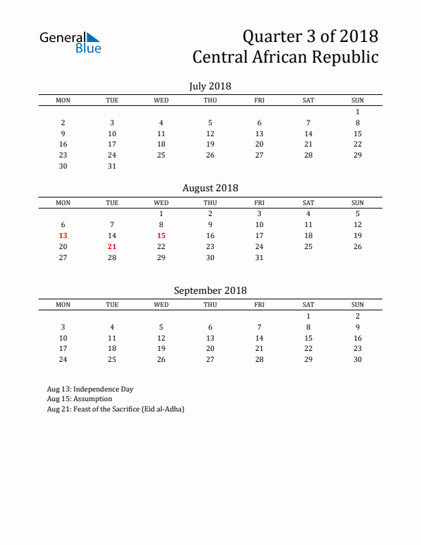 Quarter 3 2018 Central African Republic Quarterly Calendar