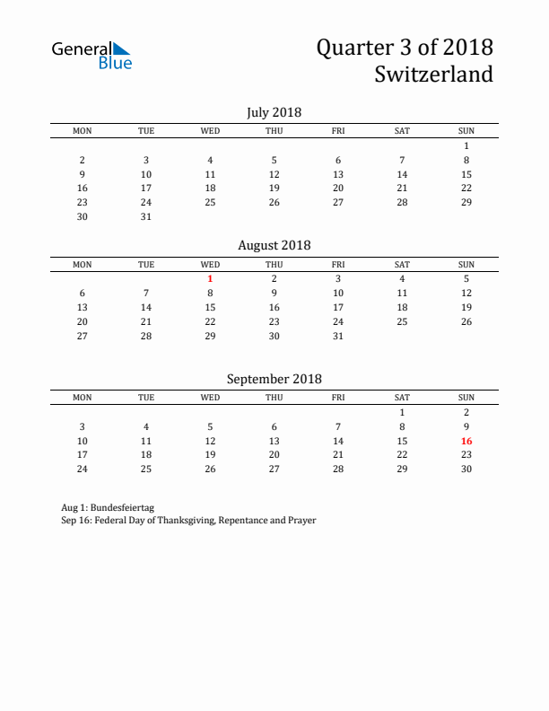 Quarter 3 2018 Switzerland Quarterly Calendar