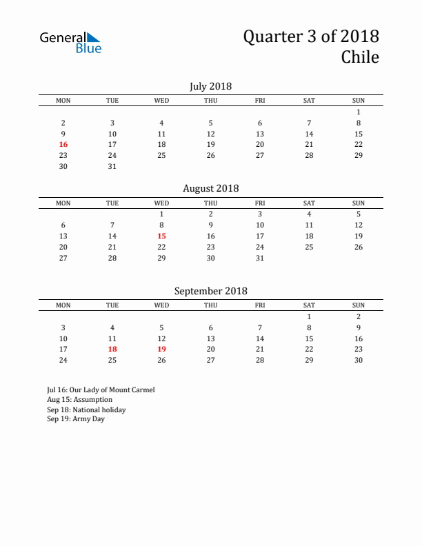 Quarter 3 2018 Chile Quarterly Calendar