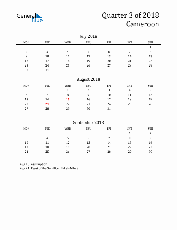 Quarter 3 2018 Cameroon Quarterly Calendar