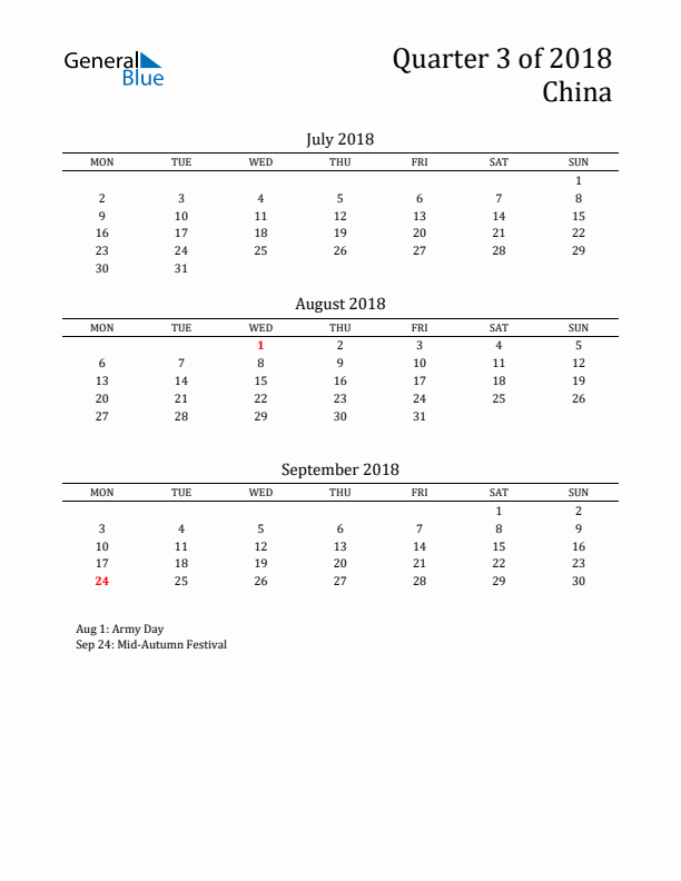 Quarter 3 2018 China Quarterly Calendar