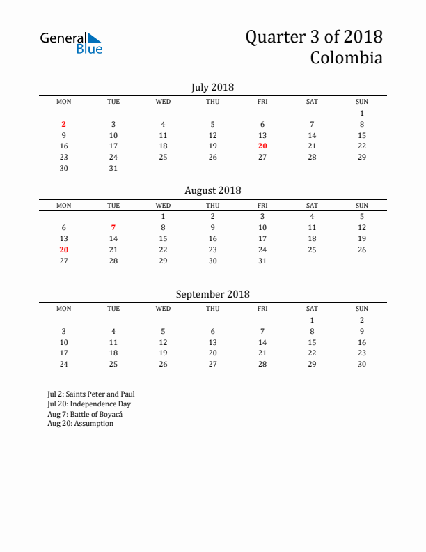 Quarter 3 2018 Colombia Quarterly Calendar