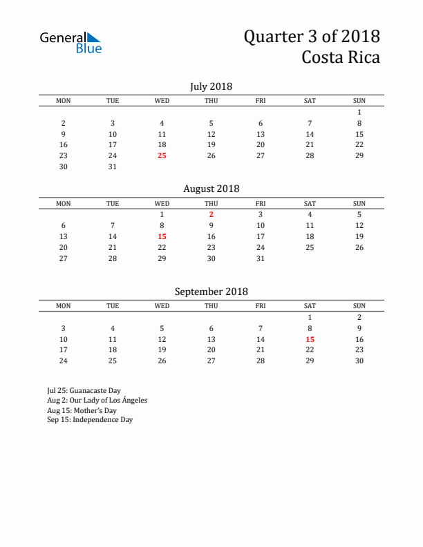 Quarter 3 2018 Costa Rica Quarterly Calendar