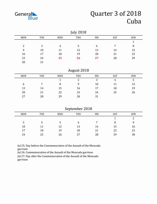 Quarter 3 2018 Cuba Quarterly Calendar