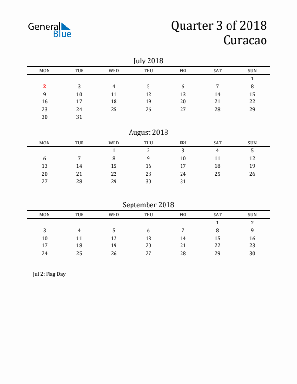 Quarter 3 2018 Curacao Quarterly Calendar