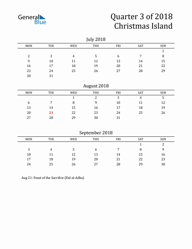 Quarter 3 2018 Christmas Island Quarterly Calendar